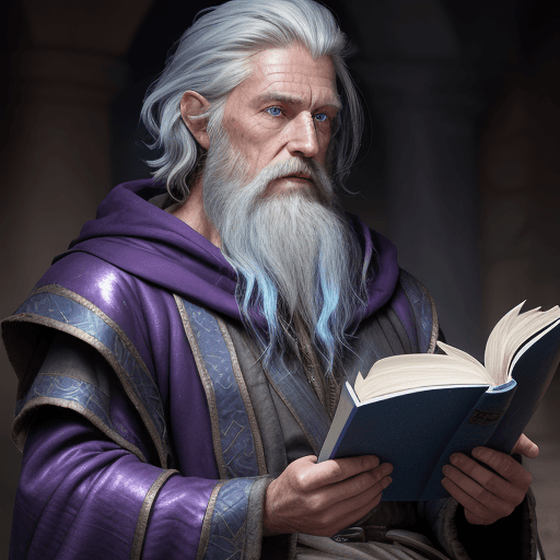 AI generated: award winning waist up photo of a rugged fantasy wizard, 8K, violet wizard, wearing torn wizard robe...
