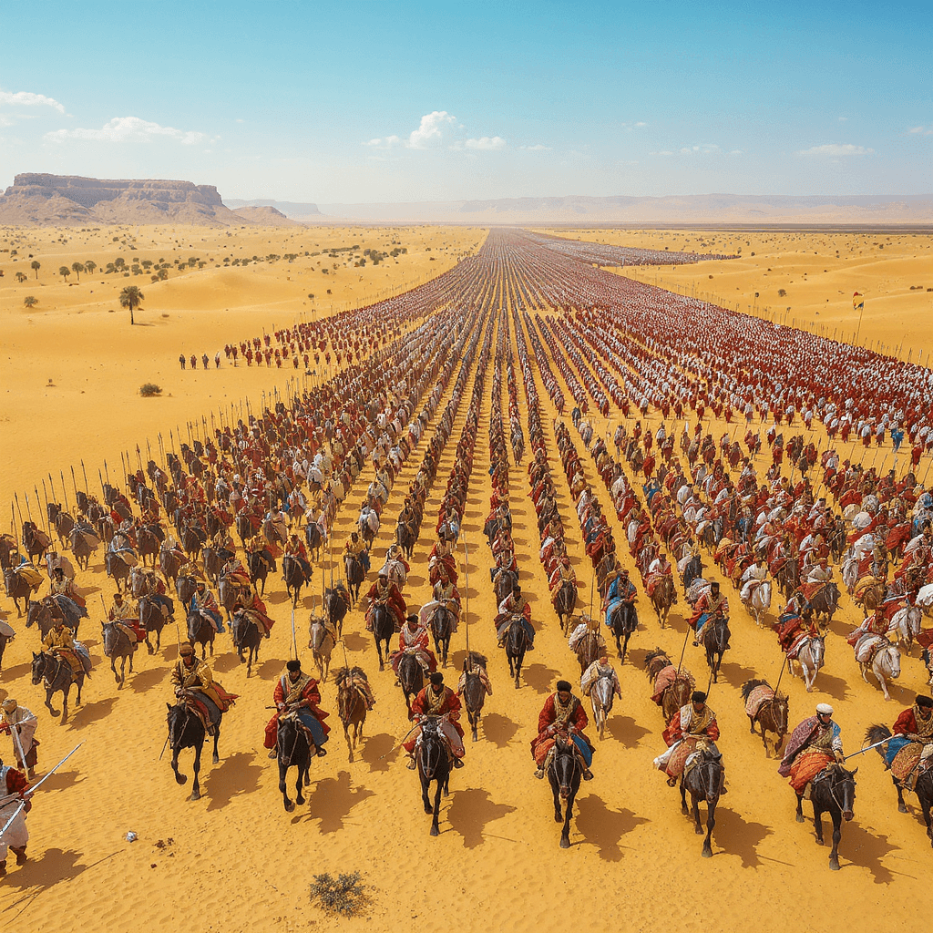 AI generated: Panoramic view from above: In the vast desert, a vast Meccan army marches in horizontal ranks, about...