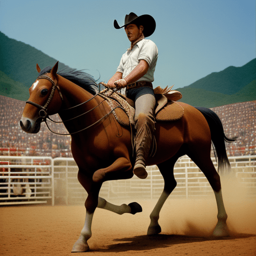 AI generated: horseback riding on pilgrimage, an amateur cowboy brazilain riding a bucking horse at a rodeo, in th...