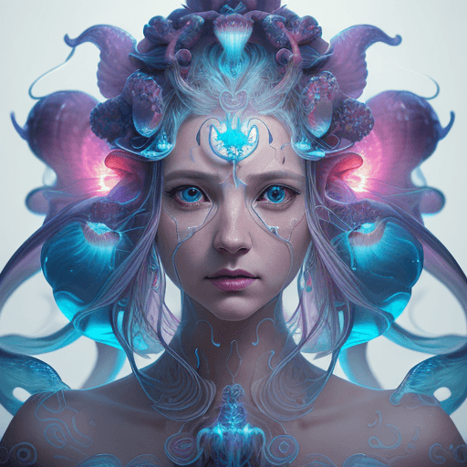 AI generated: Goddess close-up portrait ribcagel. jellyfish phoenix head, nautilus, orchid, skull, betta fish, bio...