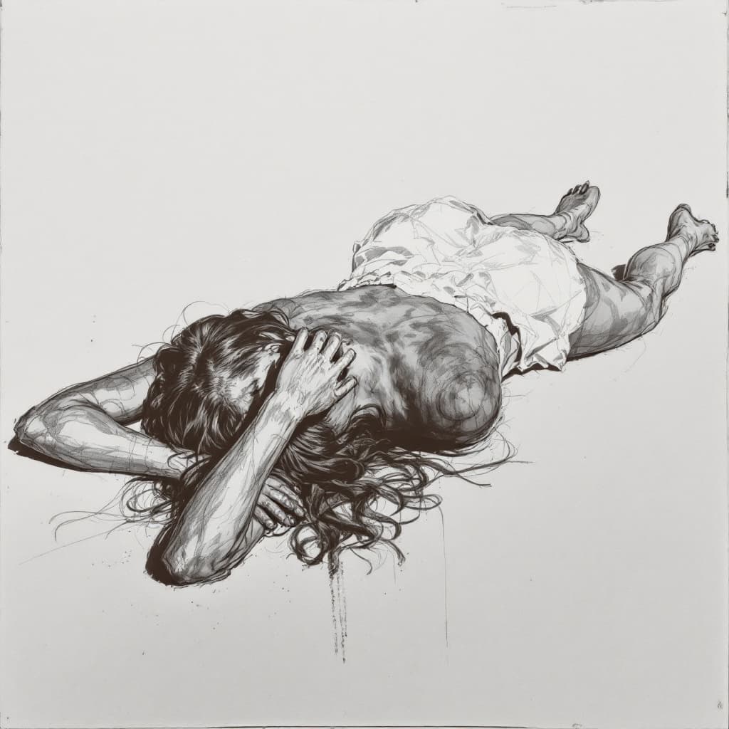 AI generated: a woman laying on the floor with her hands on the floor, drawing, sketch, pencil drawing, smudges