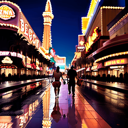 AI generated: dirty santa walking down vegas sunset strip from behind, dragging bag with right hand, bottle bourbo...