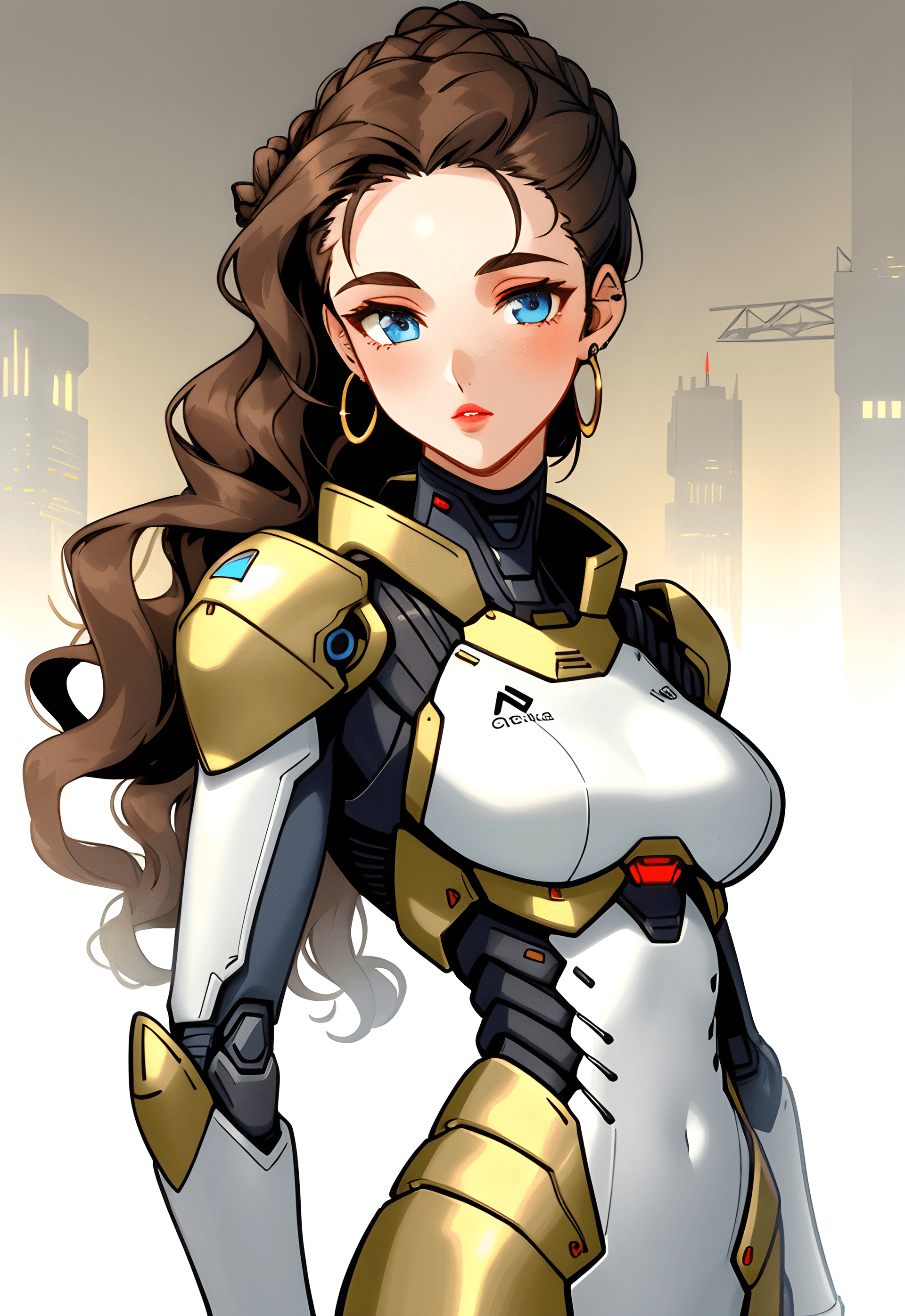 AI generated: (1girl:1.3), looking at viewer, (exoskeleton suit, Maven, Average Height, Toned, Round Face, Olive S...