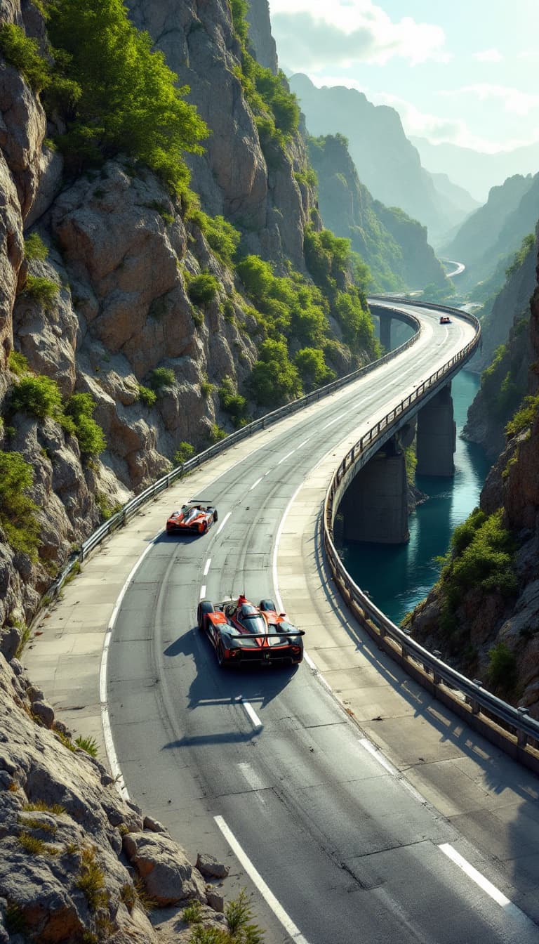 AI generated: Summer. The route goes through flat terrain across a bridge. A bridge over a small river. The first ...