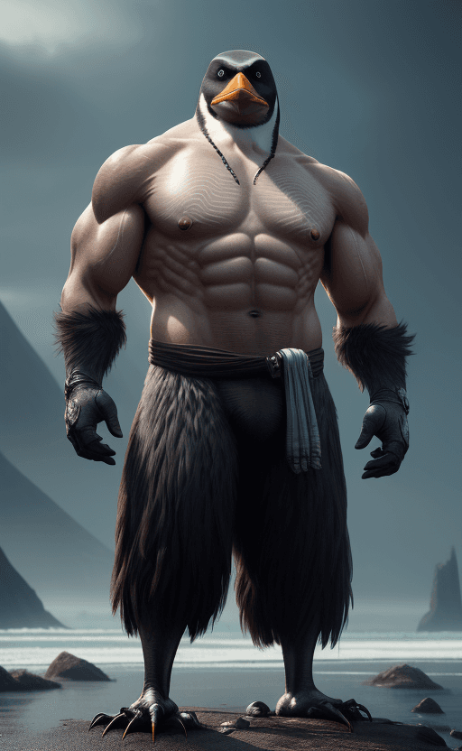 AI generated: muscular anthropomorphic penguin, tall penguin beast, cinematic shot, character art by Greg Rutkowsk...