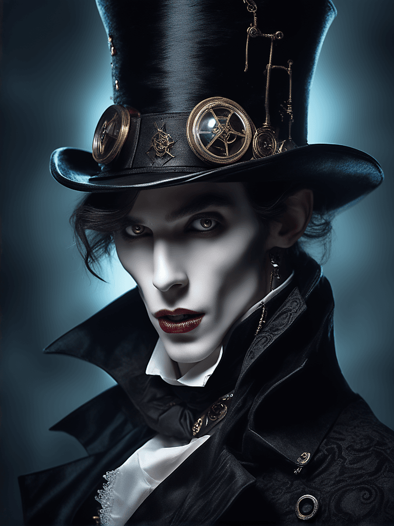 AI generated: a handsome young vampire model, closeup face portrait, detailed face, steampunk, 1800 black velvet c...