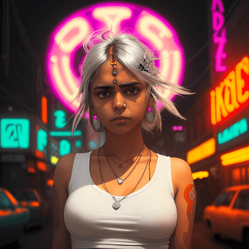 AI generated: a girl in a white top in a neon city, in the style of indianpunk, iconic album covers, soft-focus po...