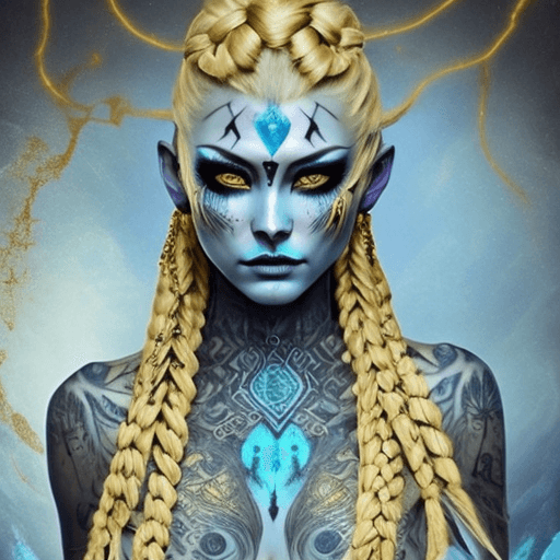 AI generated: 🖤
A striking fantasy character with a unique, otherworldly appearance. She has pale blue, ethereal ...