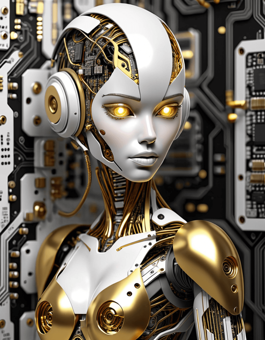 AI generated: NSFW, digital art, sci-fi fantasy, head and torso of a sexy robot woman, printed circuit board patte...