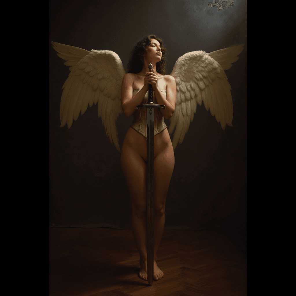 AI generated: Craft an Old Master painting-style image of an archangel who stands with an imposing presence on the...