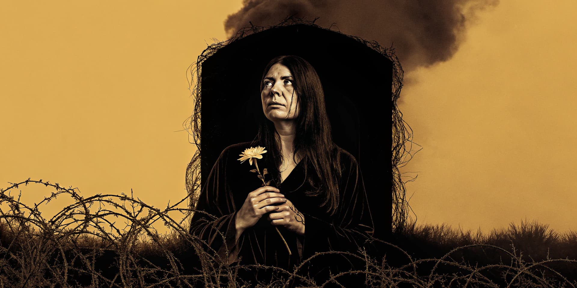 AI generated: A close-up of Eve standing amidst a field of thorny bushes, holding a single wilted flower in her ha...