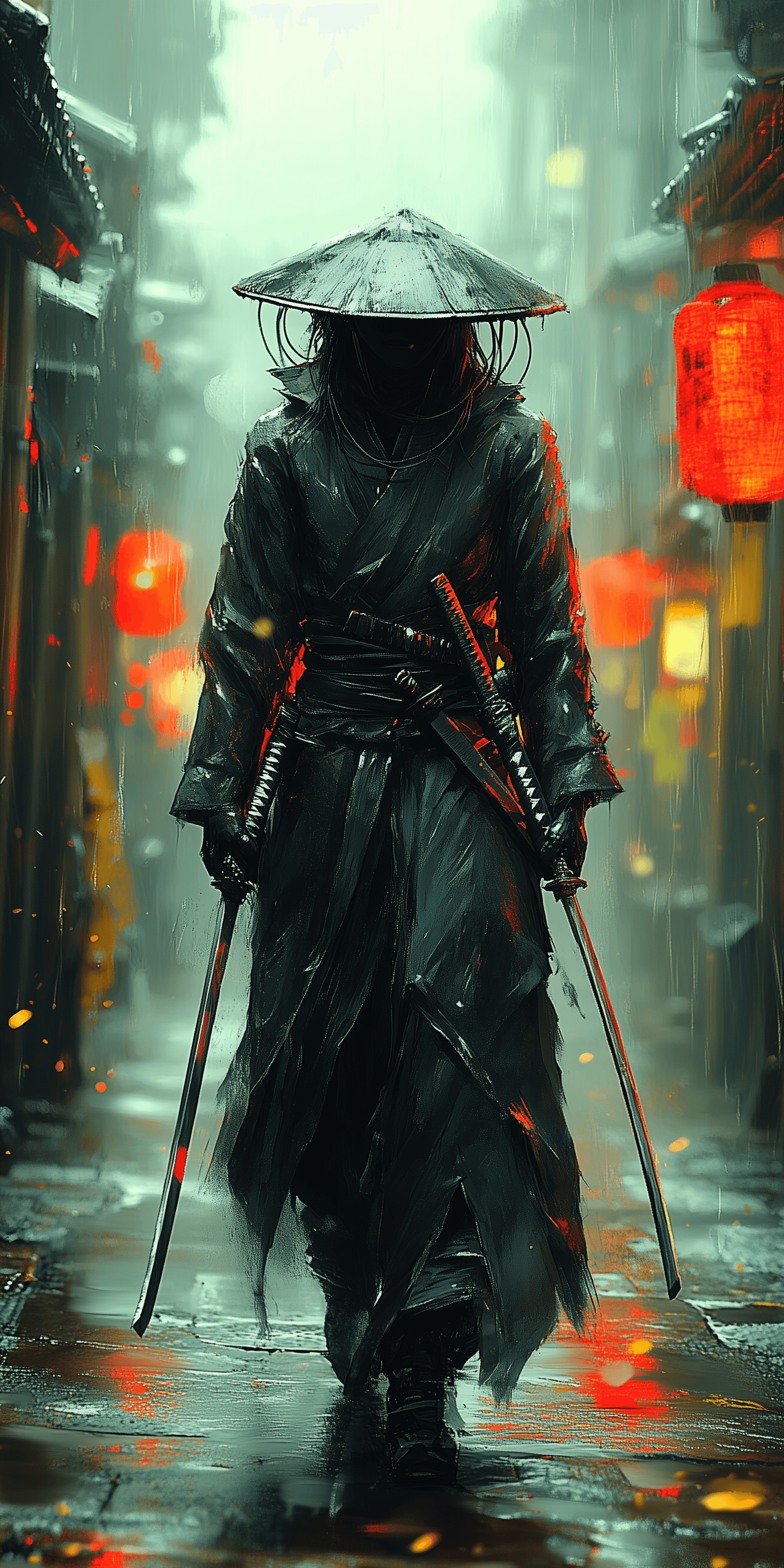 AI generated: A full-body samurai in an alleyway, cyberpunk aesthetic, anime style, inspired by the art of Katsuya...
