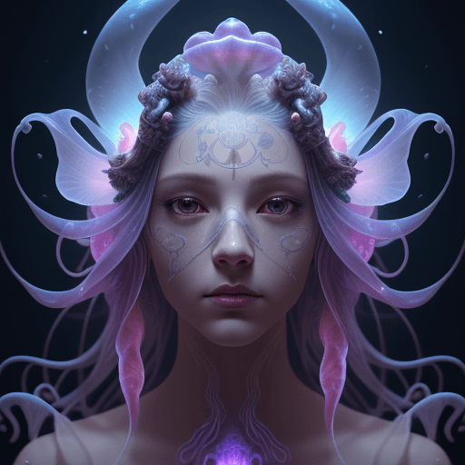 AI generated: Goddess close-up portrait ribcagel. jellyfish phoenix head, nautilus, orchid, skull, betta fish, bio...