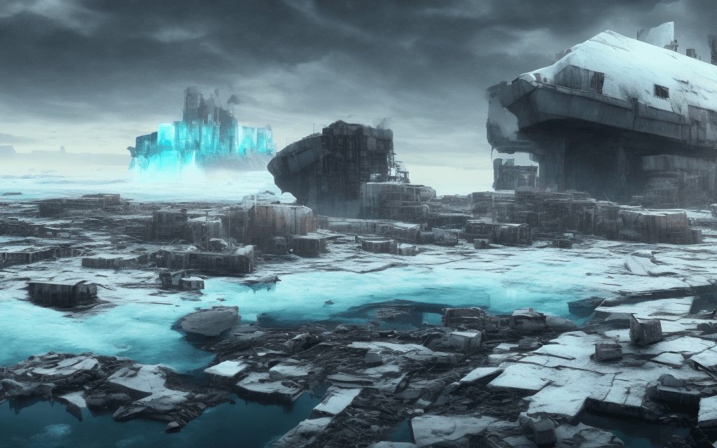 AI generated: landscape, post-apocalyptic, cyberpunk, ((polar bear, in a floating iceberg, in front of nuclear was...