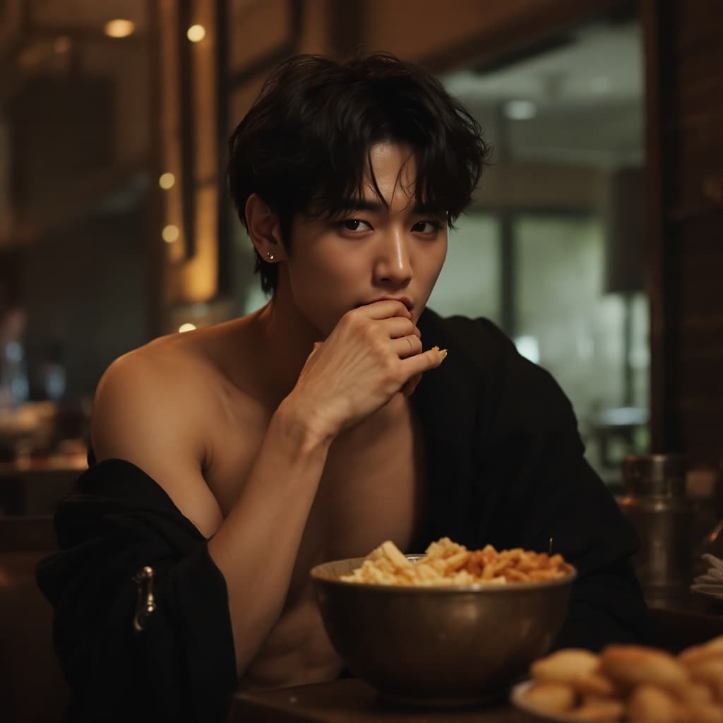 AI generated: BTS Jungkook looking handsome with no shirt and sweaty with big dick long eating Enhypen Jungwon