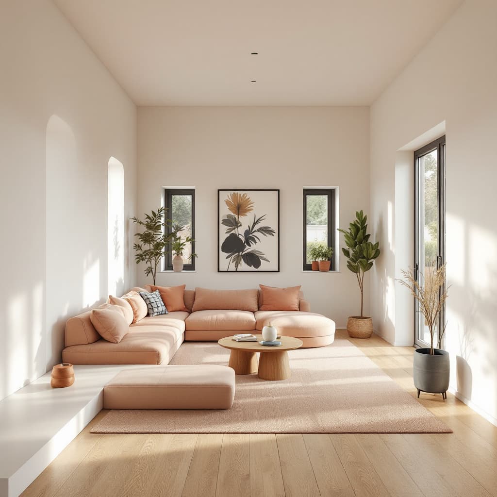 AI generated: High resolution photography interior design, dreamy sunken living room conversation pit, wooden floo...