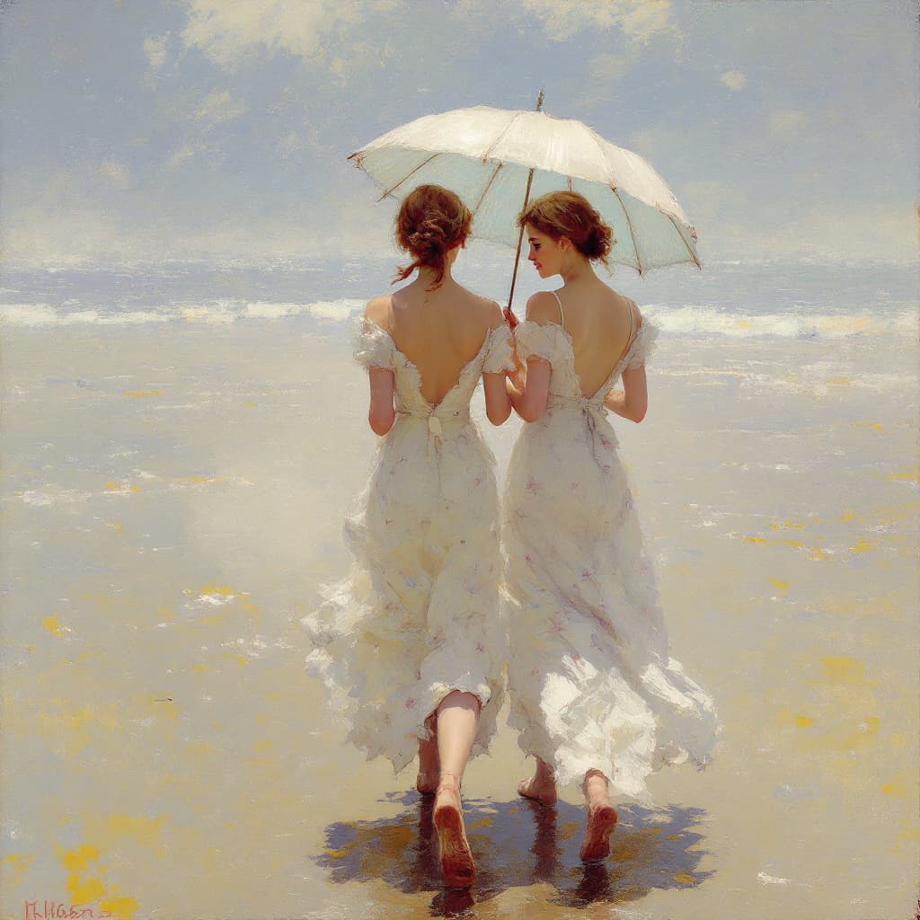AI generated: Impressionist painting, Two women walking on the beach on a hazy day, style 1900, umbrella, delicate...
