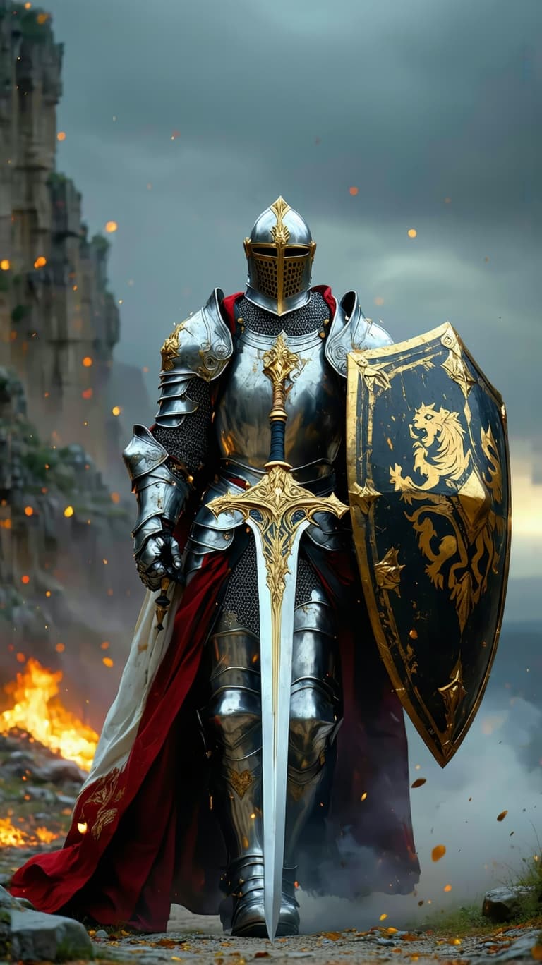 AI generated: An ultra-realistic, zoomed out, front facing, full-body portrait of a noble Paladin in gleaming silv...