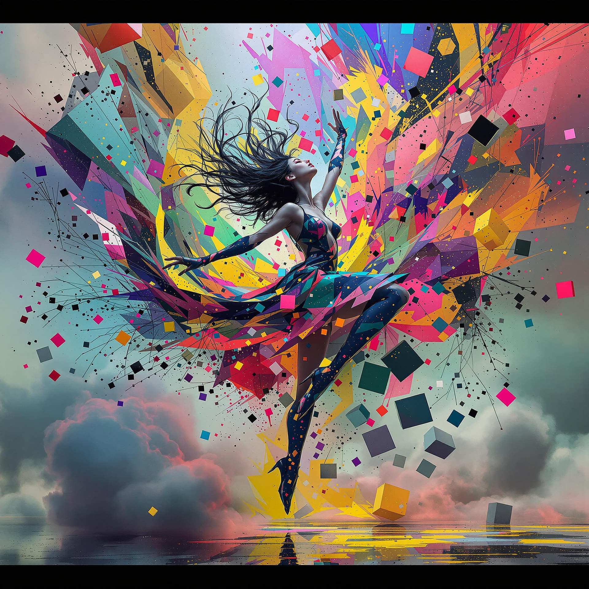 AI generated: minimalistic electro music album cover, perfect cubes, hyper detailsabstract dancing girl, colorful,...