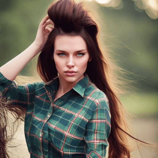AI generated: A half Body Photo of a beautiful brunette Scottish girl, green eyes, messy beehive hair style, natur...