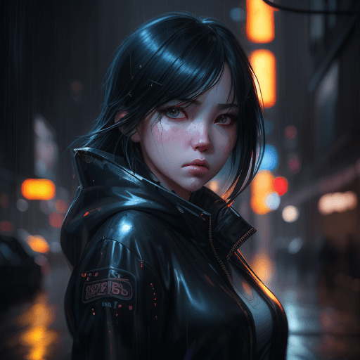 AI generated: a girl in street, in a rainy night, neon lights, hyper realistico rendering, nighttime, wide angle l...