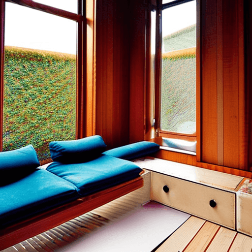 AI generated: high resolution photography interior design, dreamy sunken living room conversation pit, wooden floo...