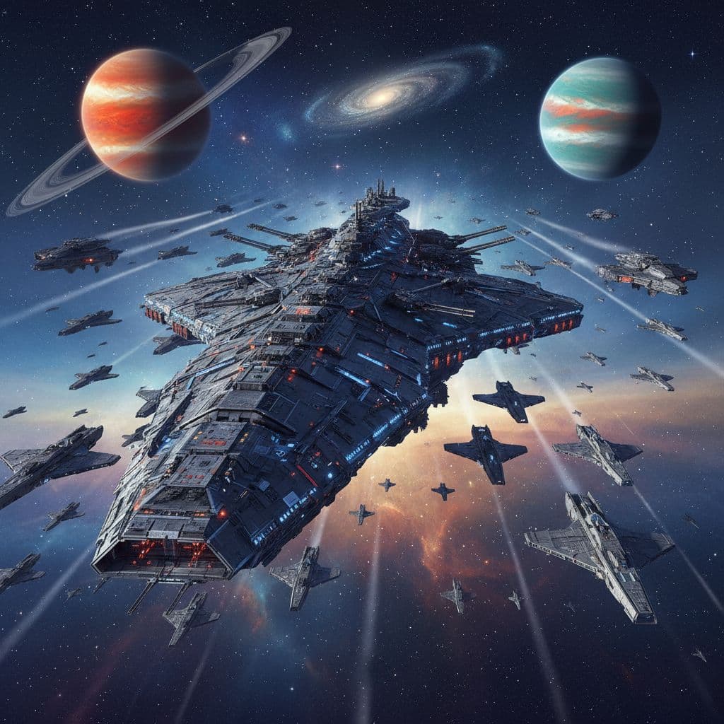 AI generated: Giant size Spaceship leading an army of large spaceships from behind, gliding through space, planets...