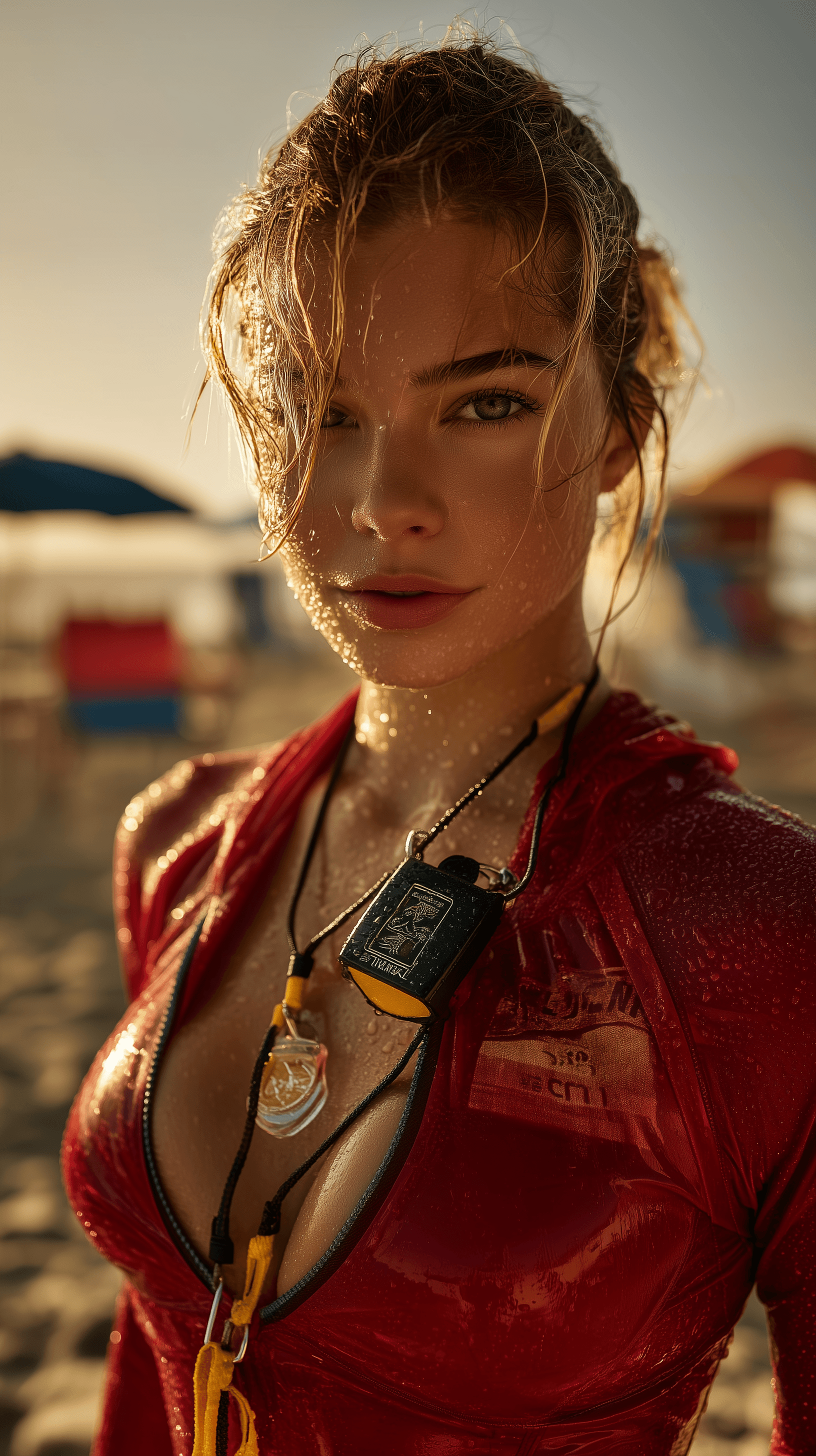 AI generated: close-up portrait of a temptative and athletic American blonde mixed female lifeguard with a curvy, ...