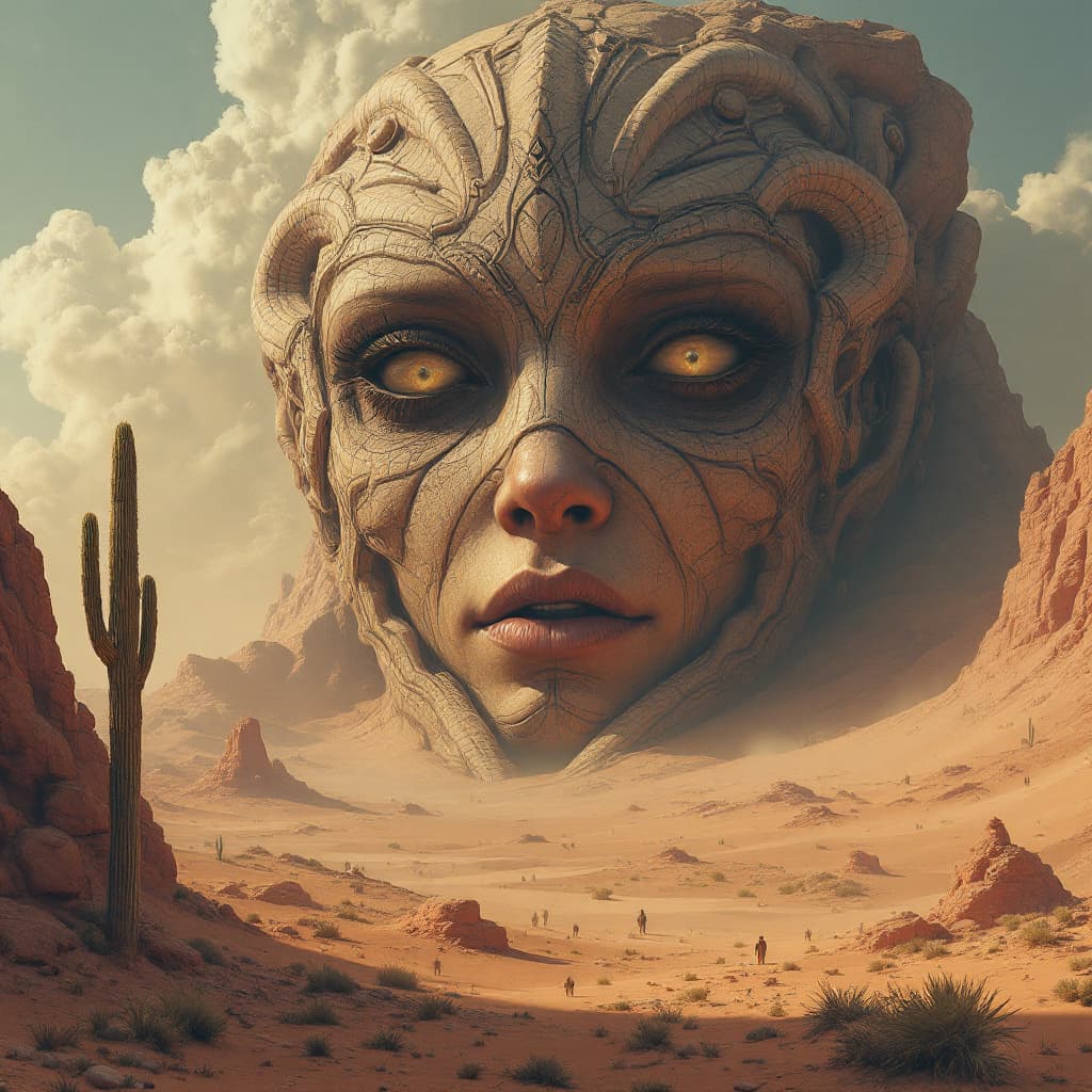 AI generated: large humanoid face with detailed and complex facial in the desert, a fantasy landscape in the style...