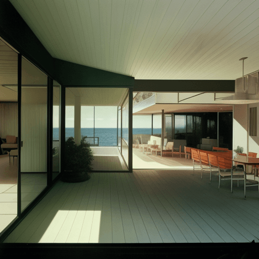 AI generated: Hyper realistic eye level exterior photo of a mid century modern style house overlooking the ocean, ...