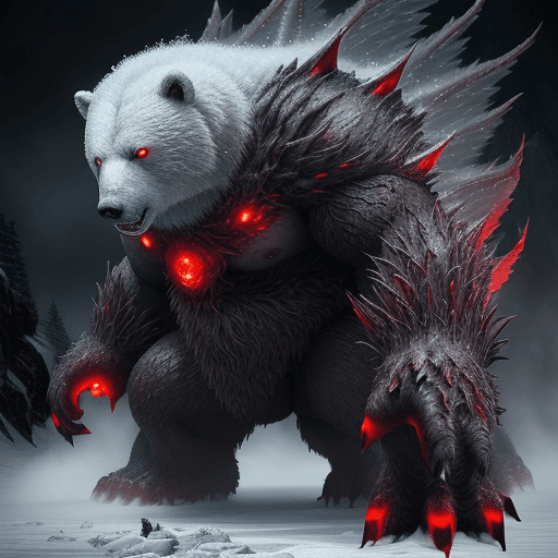 AI generated: a huge snow bear with glowing red eyes, is standing on the ice, in the style of epic fantasy scenes,...