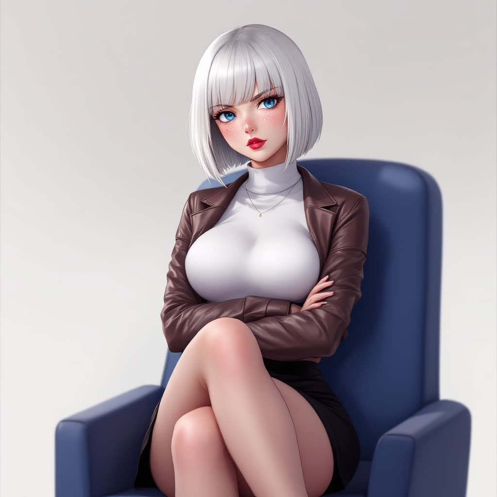 AI generated: anime, woman, white hair, bob cut, blue eyes, freckles, red lips, white turtle neck sweater, tight t...