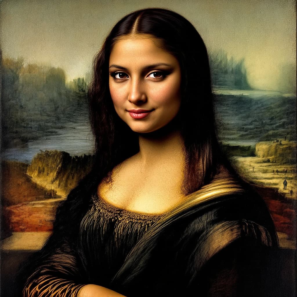 AI generated: Mona Lisa with the face of Mia Khalifa. Stick to all the image settings but change the face.