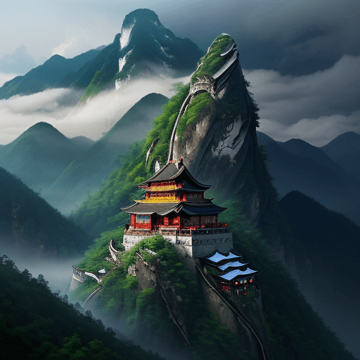 AI generated: Create a breathtaking scene of majestic mountains in China, enveloped in lush greenery and ancient t...