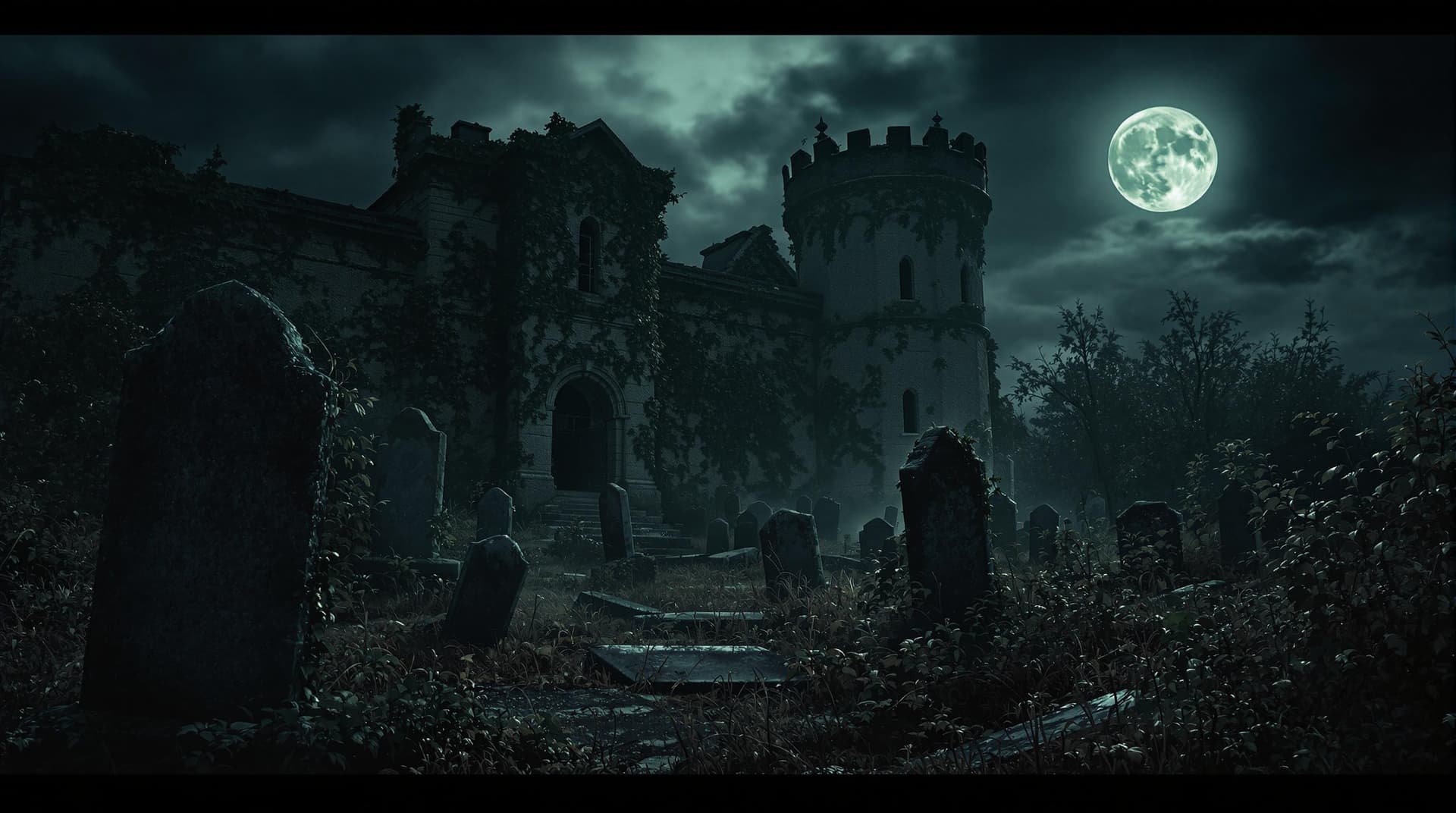 AI generated: The image depicts a hauntingly beautiful graveyard scene under the soft glow of a full moon. The atm...
