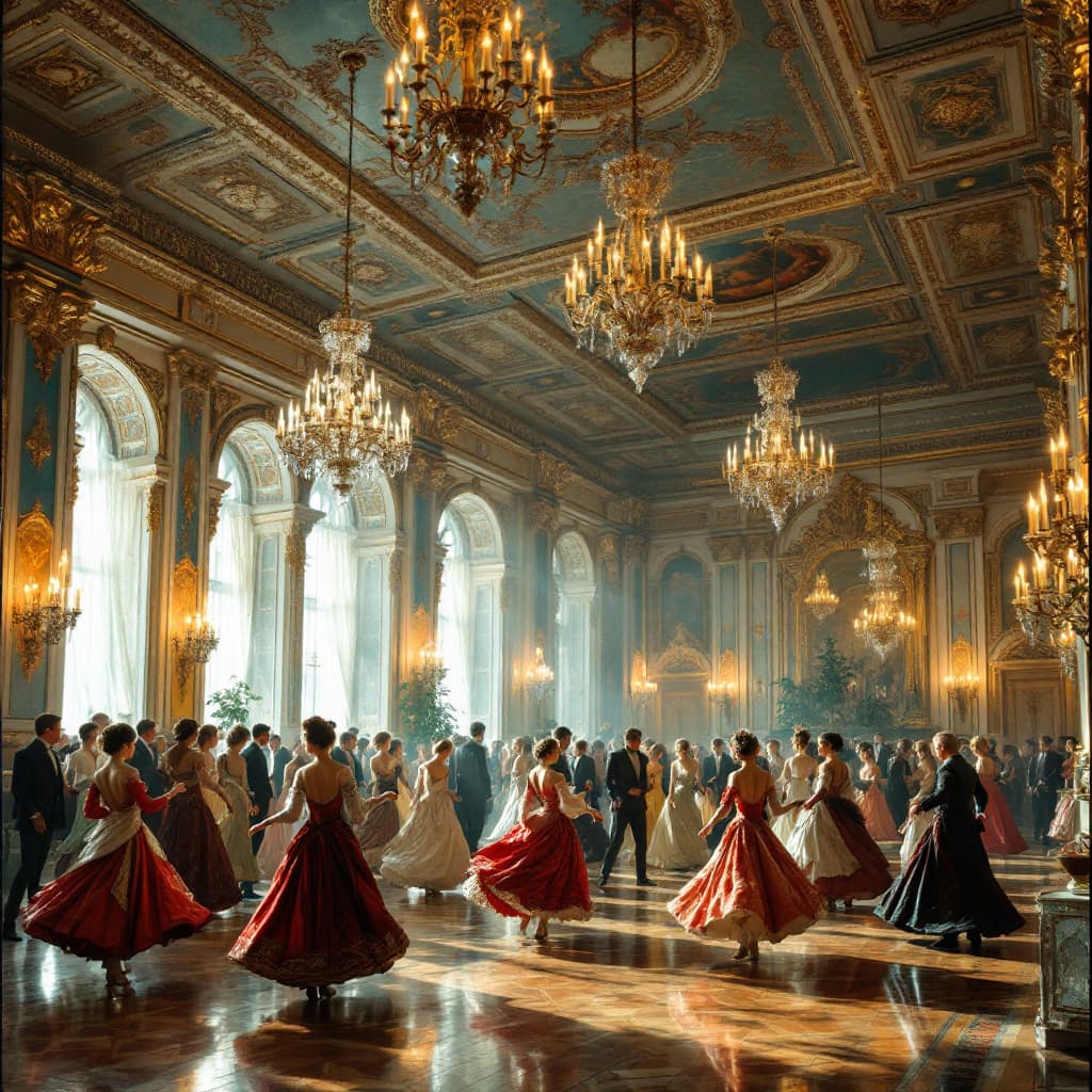 AI generated: "An opulent ballroom in Imperial Russia, with dancers in traditional attire under chandeliers."