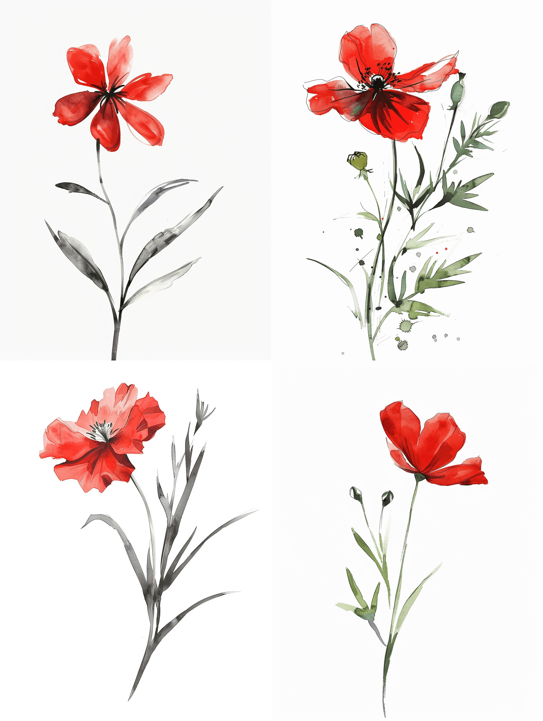 AI generated: illustration. Single red wild flower on a white background, simple, watercolour, hand drawing, --ar ...