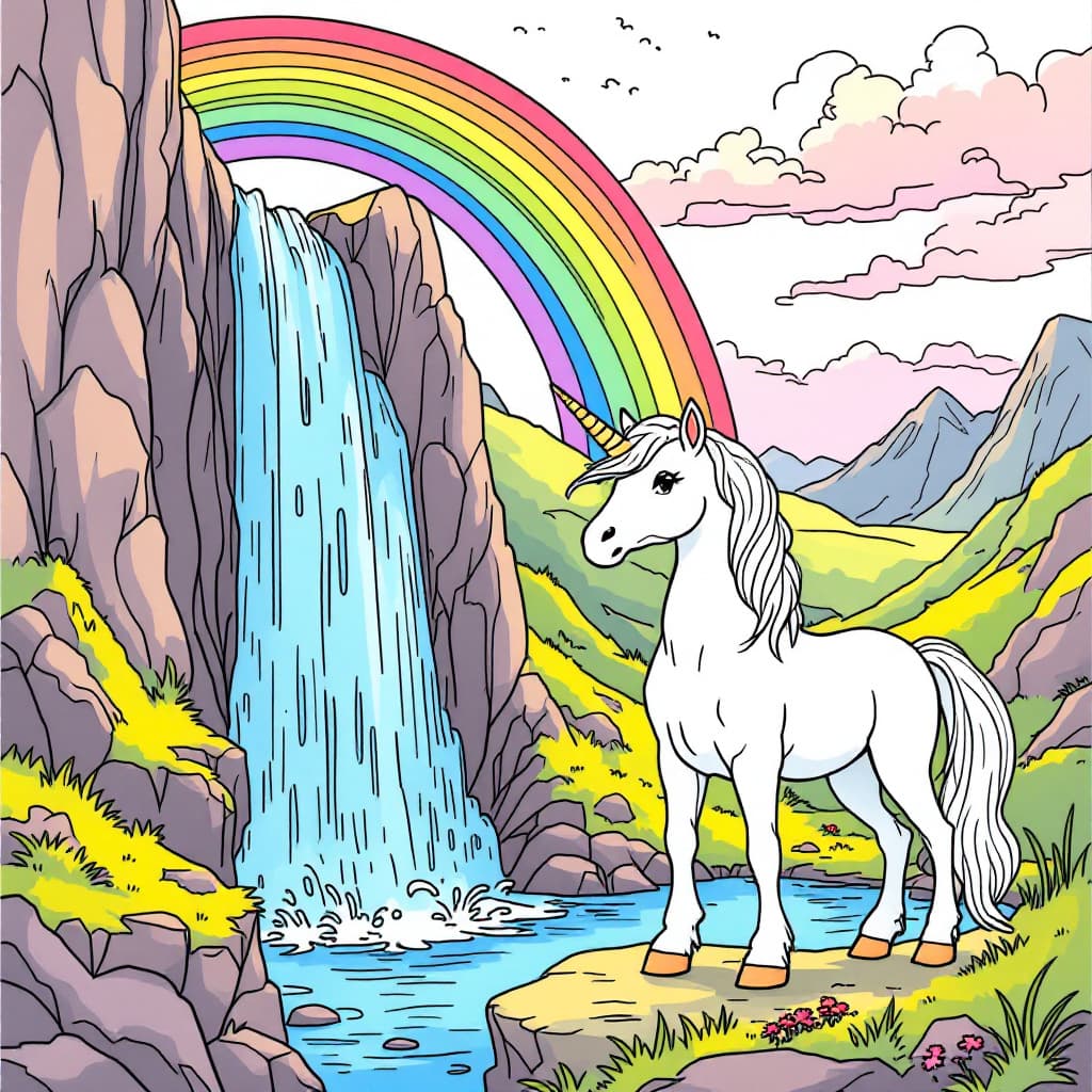 AI generated: Coloring book,A unicorn standing by a waterfall under a rainbow