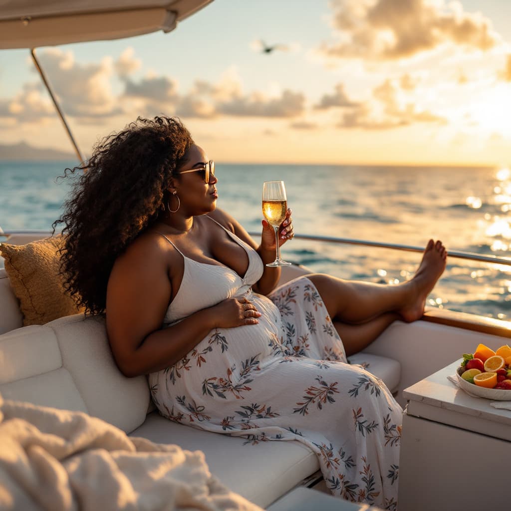 AI generated: Plus size Black married woman sitting on the ocean in her private yacht, sipping mimosa with my foot...