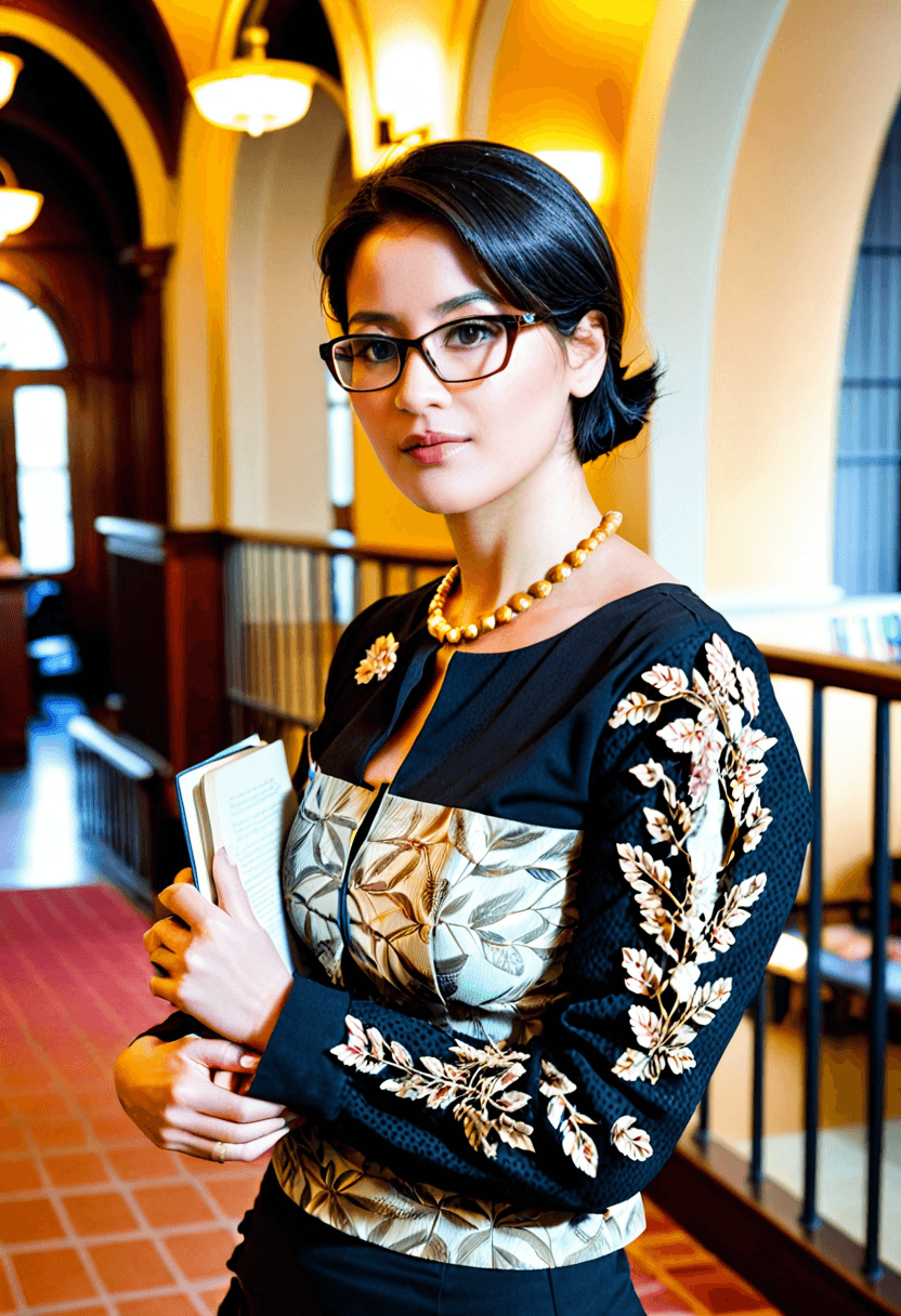 AI generated: cinematic photo exotically gorgeous busty fit woman librarian carrying books, library with dim and c...