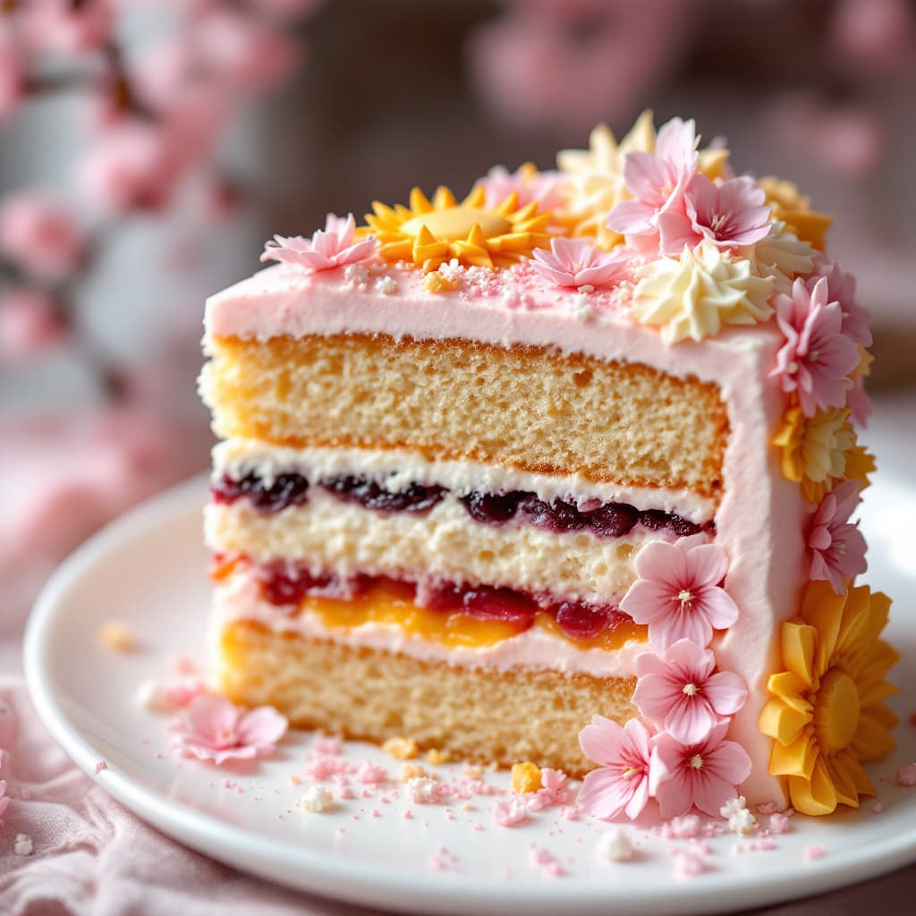 AI generated: Close up photograph of a slice of layered cake with a cherry blossom theme, a layer of fruit filling...