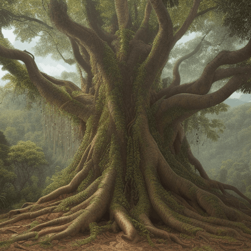 AI generated: masterpiece of art, native Colombian tree detailed from root to crown, highlighting its foliage, det...