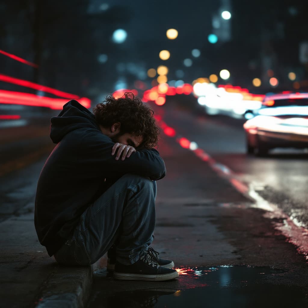 AI generated: A melancholic 30-year-old man with curly hair sits on the curb of a busy highway in the middle of Ne...