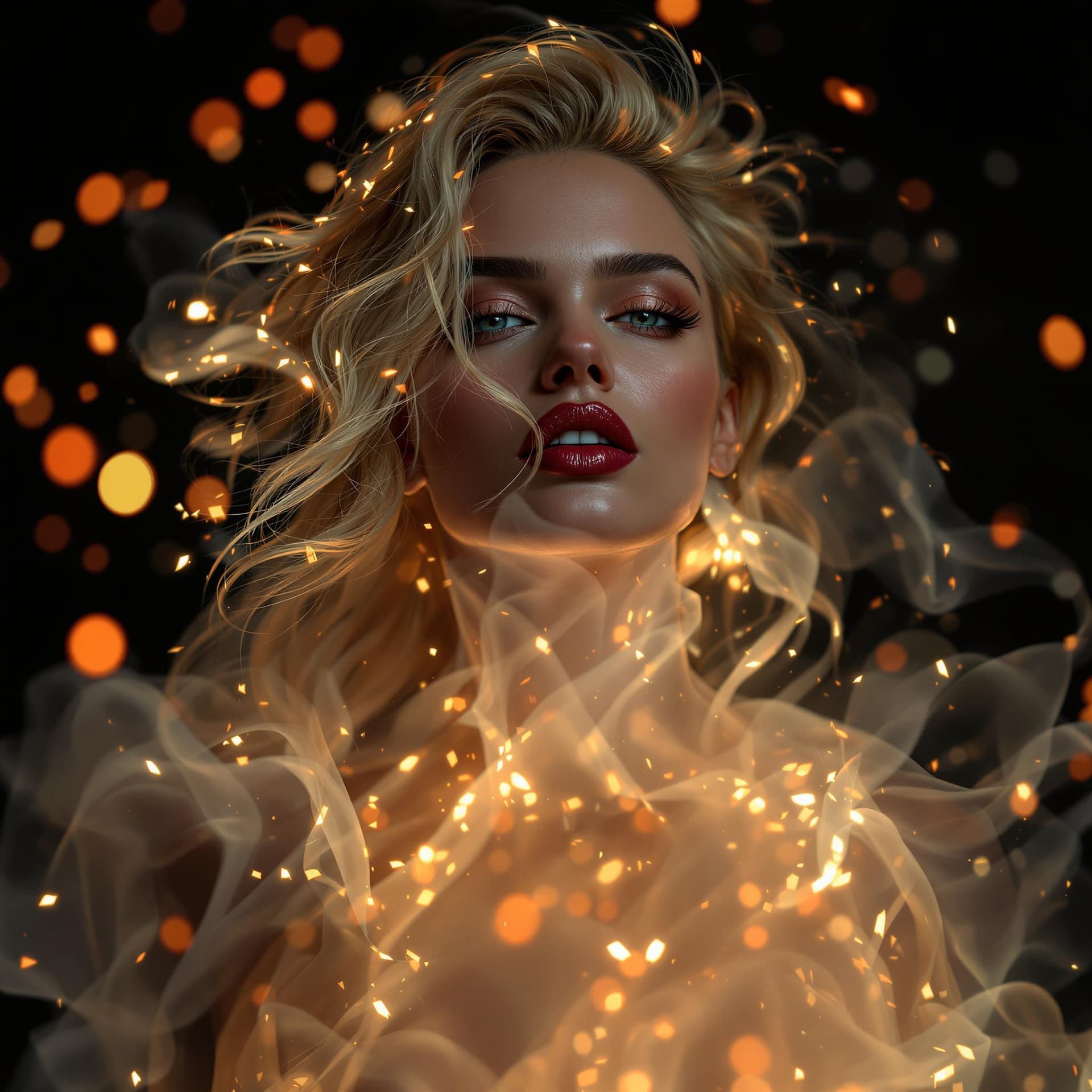 AI generated: Margot Robbie, ((incorporeal)) ghost, surrounded by glowing fog, black backdrop background, dynamic ...