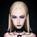 AI generated: a portrait photo of skinny, slim gothic blonde woman, topless with very samall breasts wears black l...