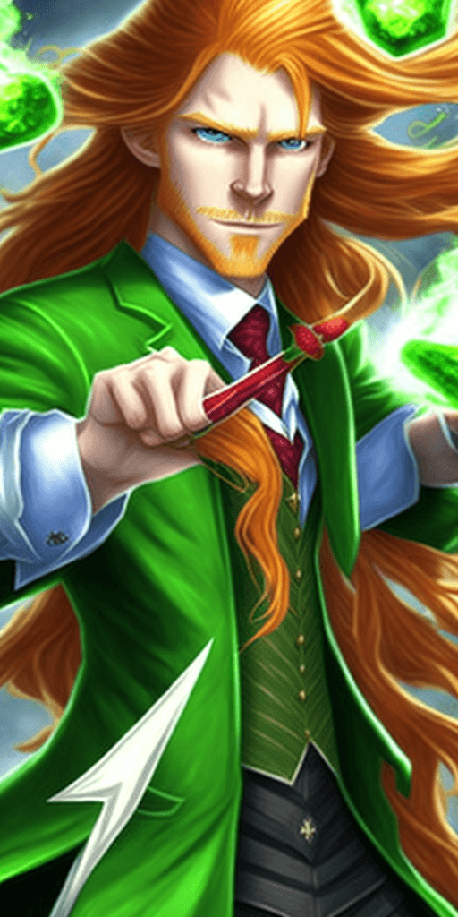 AI generated: A male mage with long strawberry blonde hair, green eyes, dressed in a sophisticated three-piece sui...