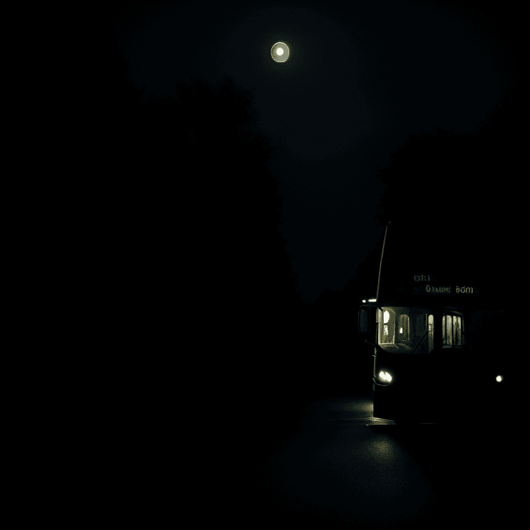AI generated: mid shot view of a dark bus in the middle of the night, moonlight, eerie setting