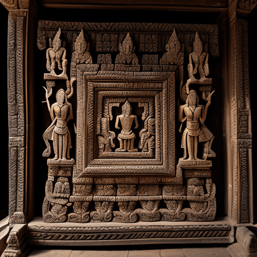 AI generated: The image shows a wooden carving on the wall of a temple in Angkor Thom, Cambodia. The carving is in...