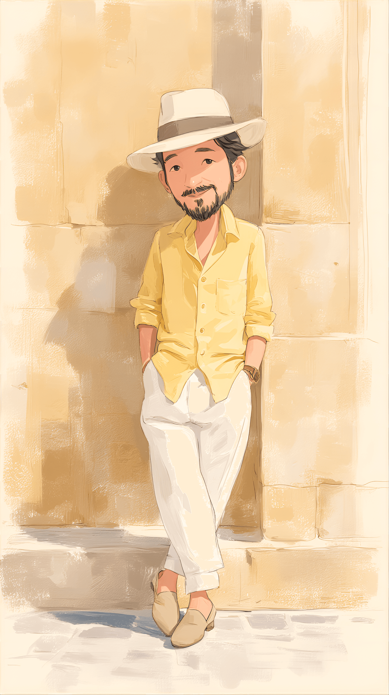 AI generated: cute caricature chibi, laid-back chibi fashionista, standing casually against building wall, the lai...