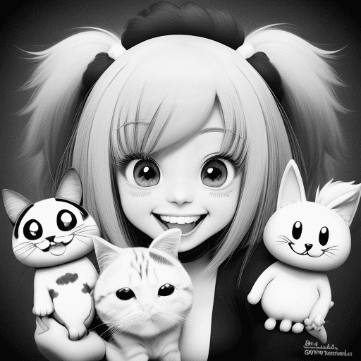 AI generated: Cute pets, cartoons, anime, big smiles,{{{{{{black and white style}}}}}}